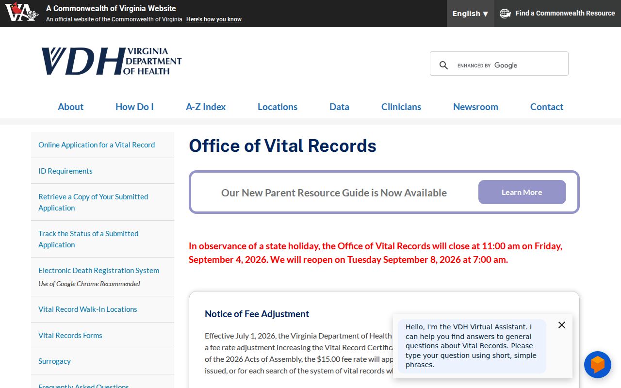 Waynesboro residents directory Virginia vital records access rules