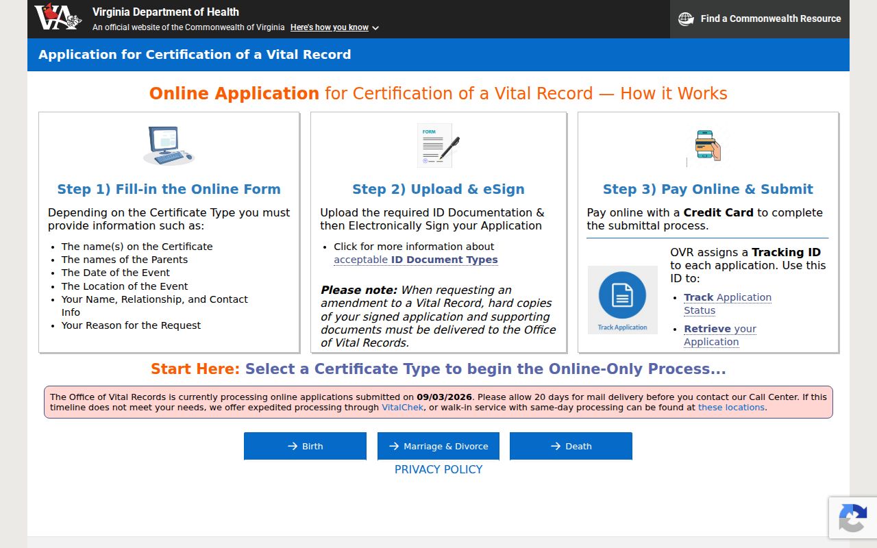 Waynesboro resident lookup vital record certificate choices through Virginia VDH