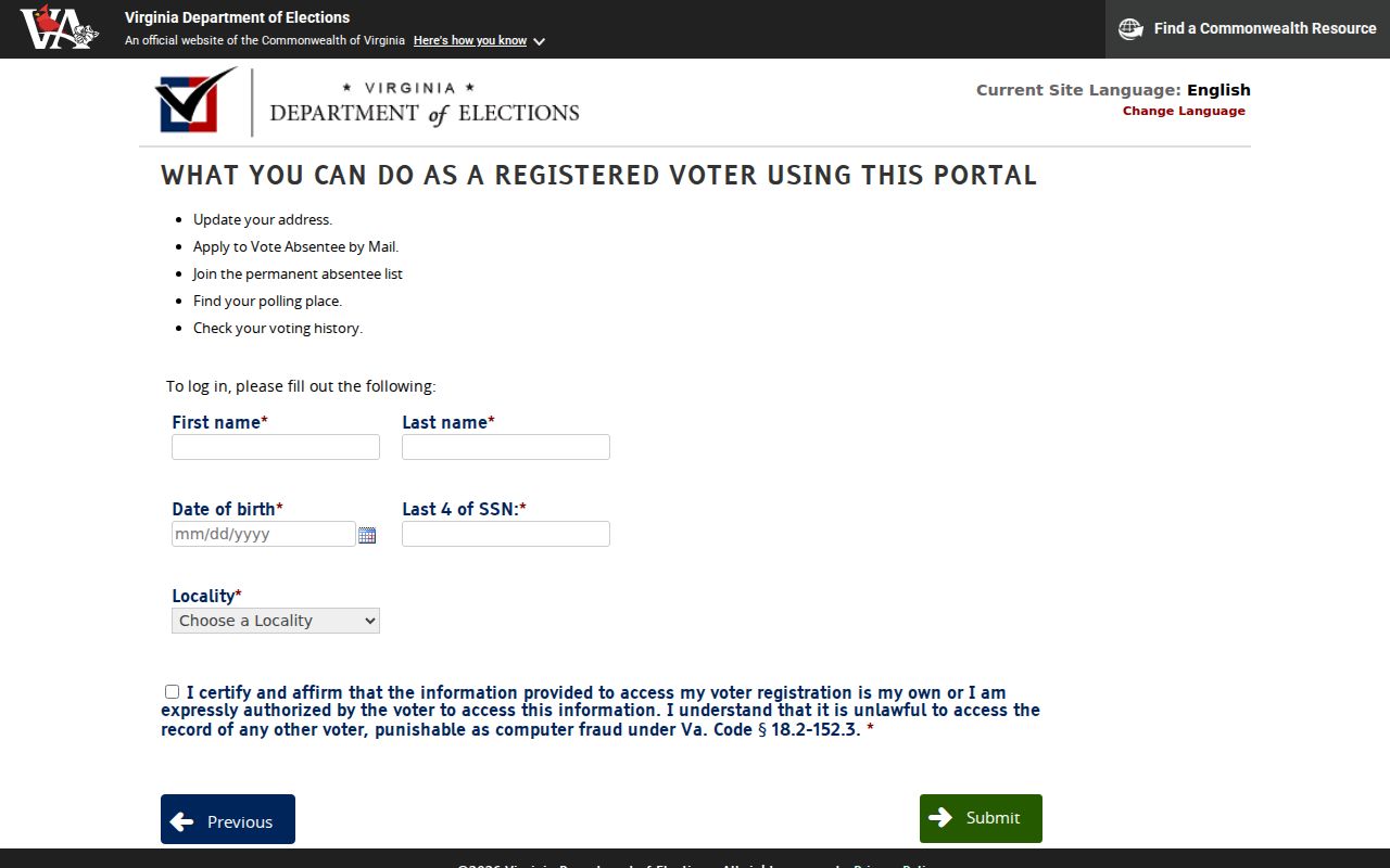Waynesboro resident lookup voter status form with authorization fields