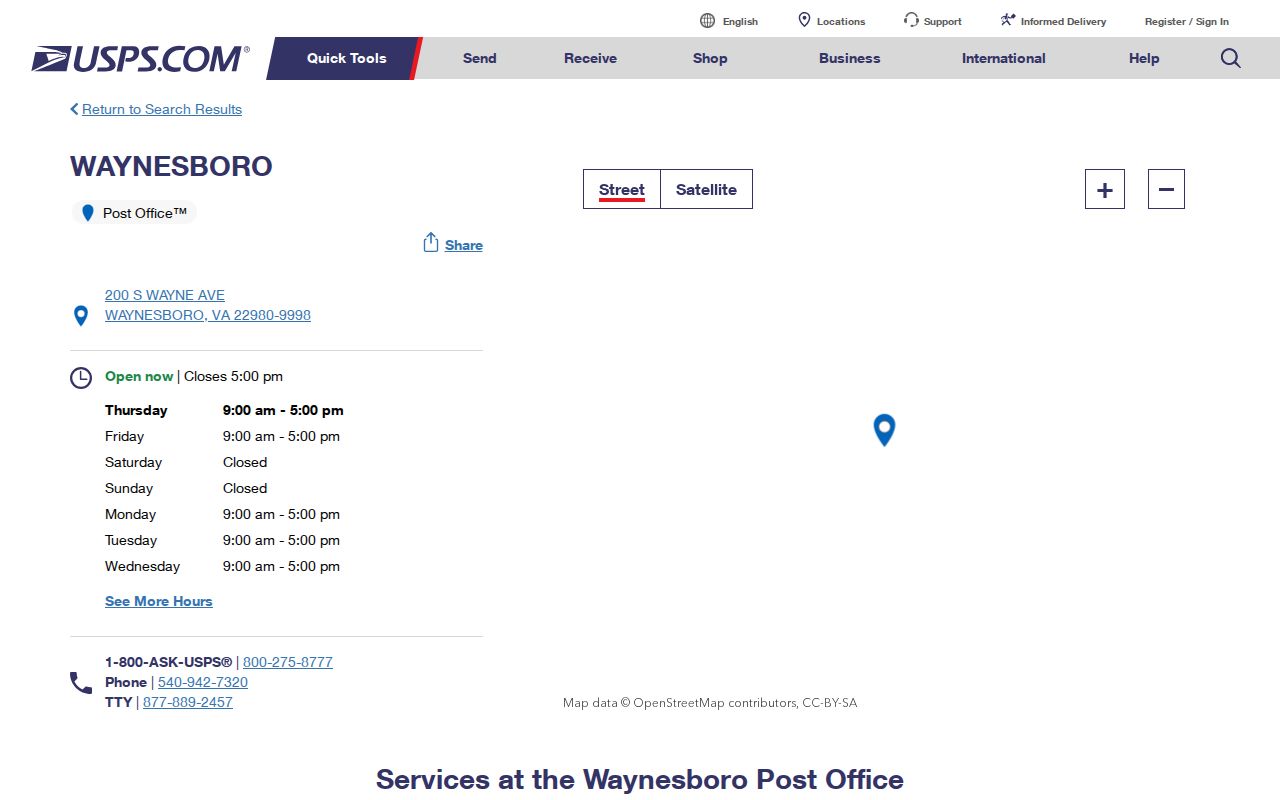 Waynesboro ZIP code directory view of the official Main Post Office record for ZIP 22980